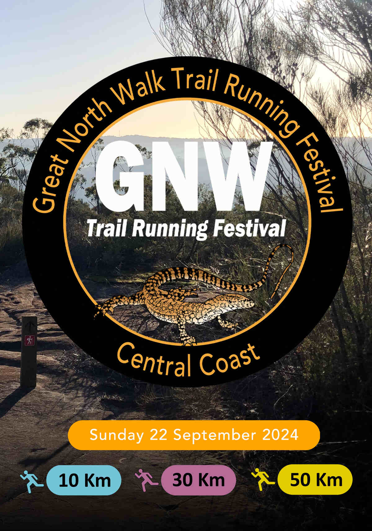 GNW Trail Running Festival - Great North Walk Trail Ultra Marathons logo over background of view from Great North Walk, and 10km, 30km, 50km, 50mi, 100km & 100mi legend