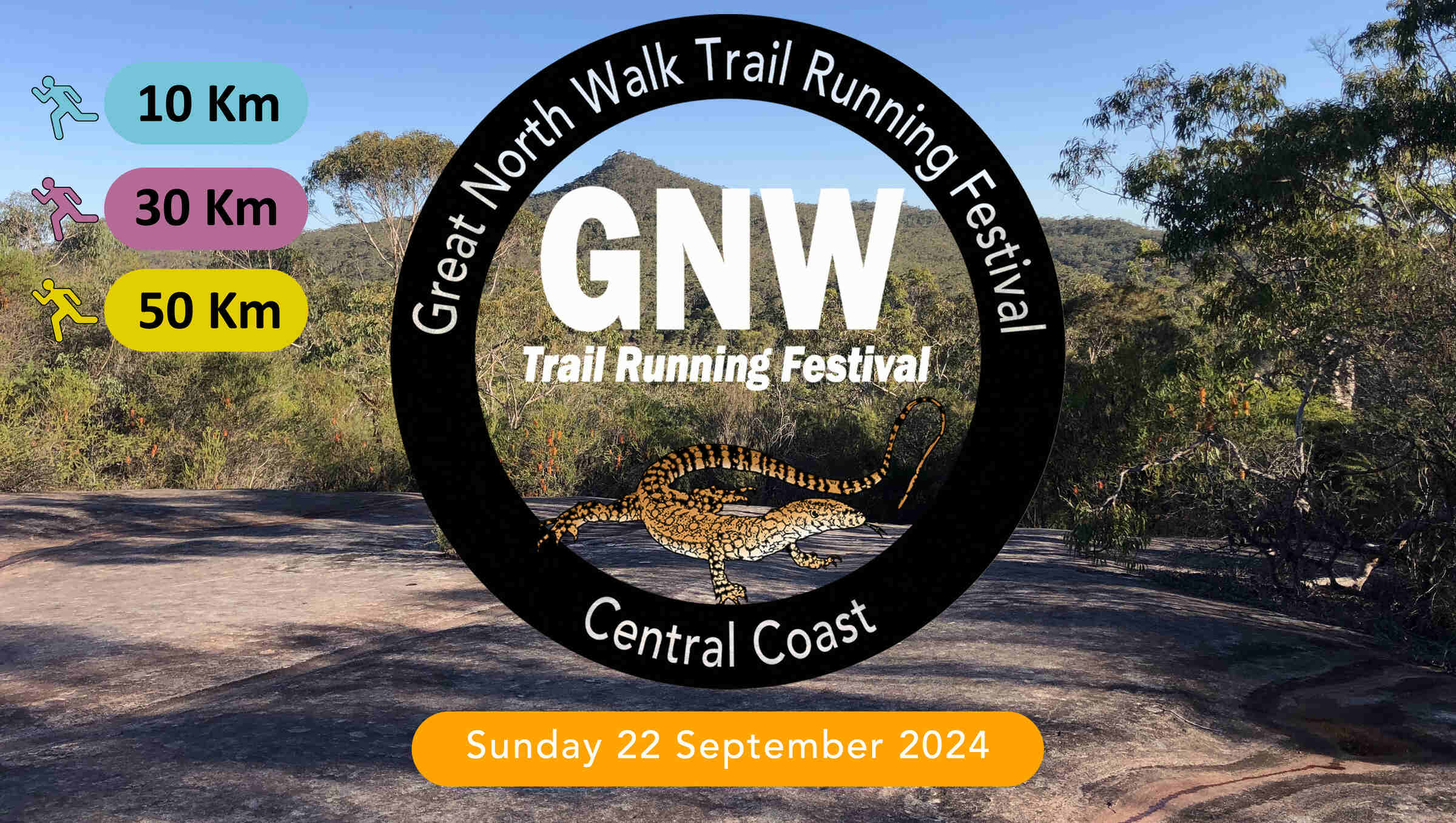 GNW Trail Running Festival - Great North Walk Trail Ultra Marathons logo over background of view from Great North Walk, and 10km, 30km, 50km, 50mi, 100km & 100mi legend